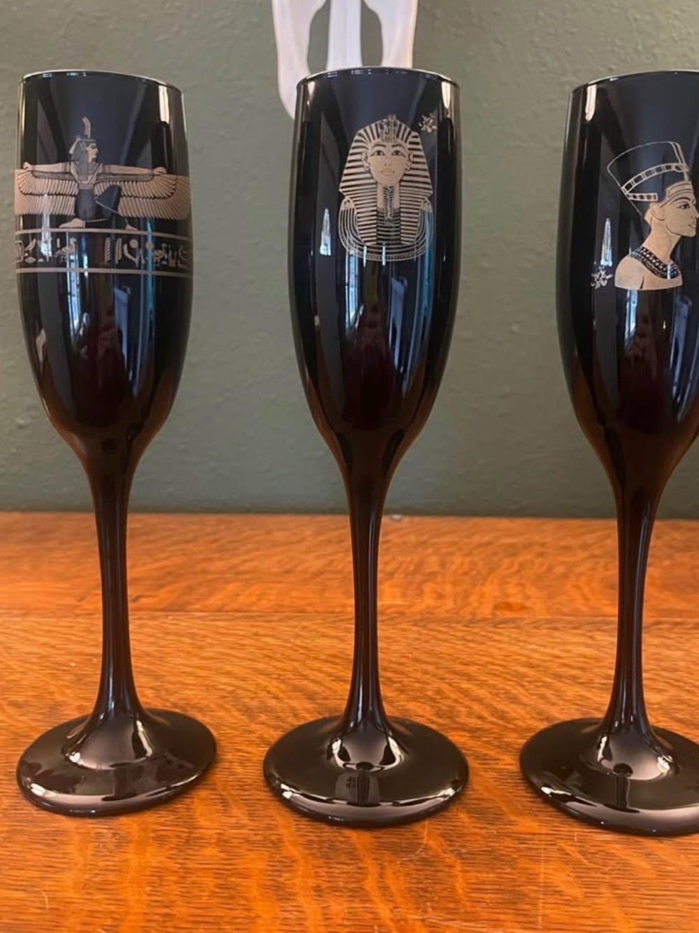 Rare vintage 70s Libbey champagne flute set of 3- Egyptian Tut Nefertiti Maat